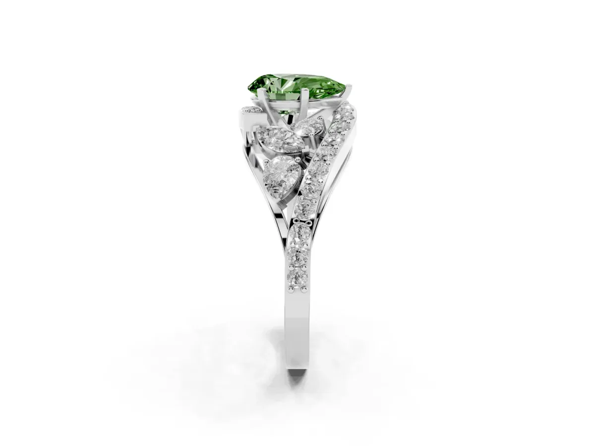 Fancy Green Pear Cut Diamond Halo Ring with Marquise and Pavé Band in Prong Setting Silver