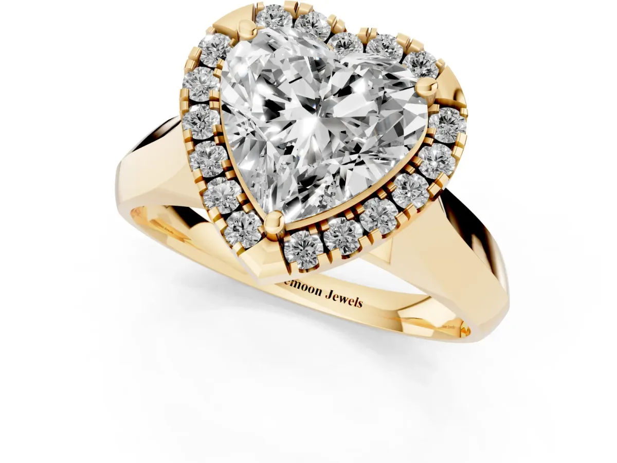 Heart Cut Cut Halo Solitaire Engagement Ring with Square Band and Four-Prong Setting Yellow gold