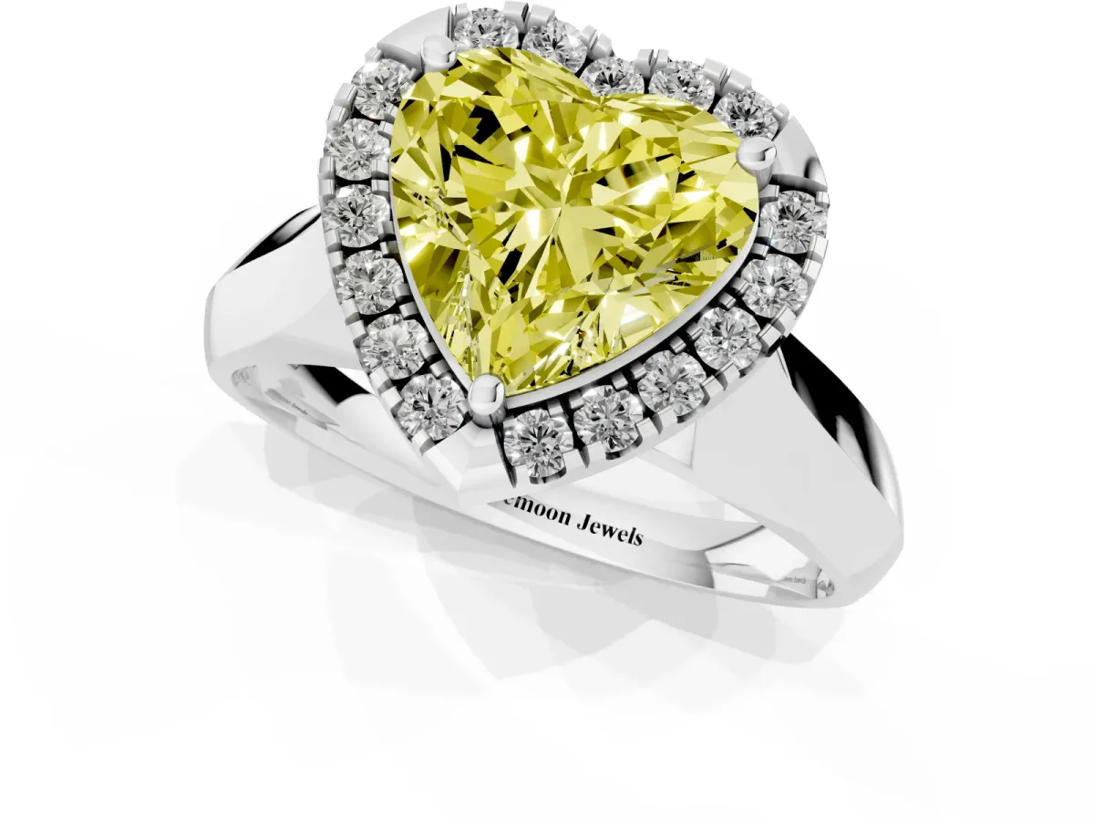 Fancy Yellow Heart Cut Cut Halo Solitaire Engagement Ring with Square Band and Four-Prong Setting White gold