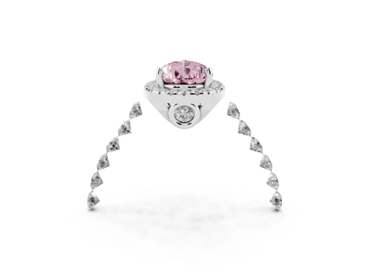 Fancy Pink Pear Cut Halo Pavé Diamond Engagement Ring with Four-Prong Setting Platinum