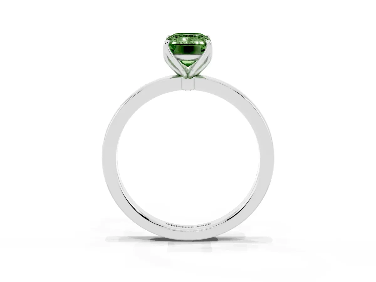 Fancy Green Emerald Cut Diamond Solitaire Ring with Thin Band and Prong Setting Platinum
