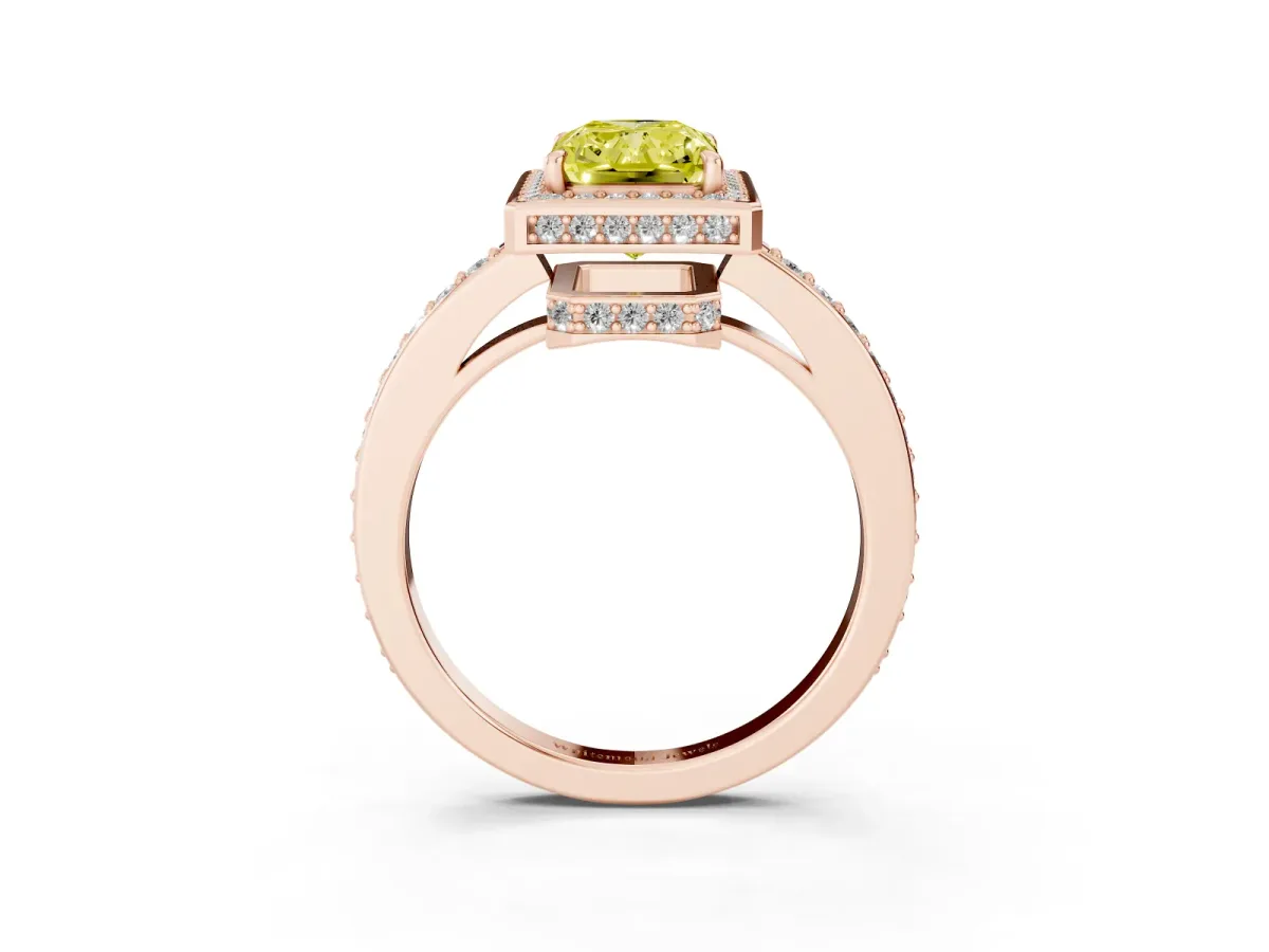 Fancy Yellow Radiant Cut Halo Pave Band Solitaire Ring with Prong Setting Rose gold