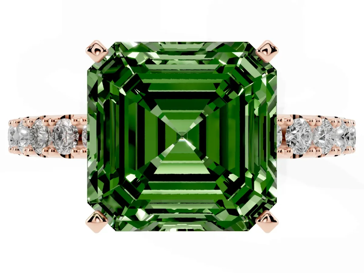 Fancy Green Asscher Cut Diamond Solitaire Pavé Band with Four-Prong Setting Rose gold
