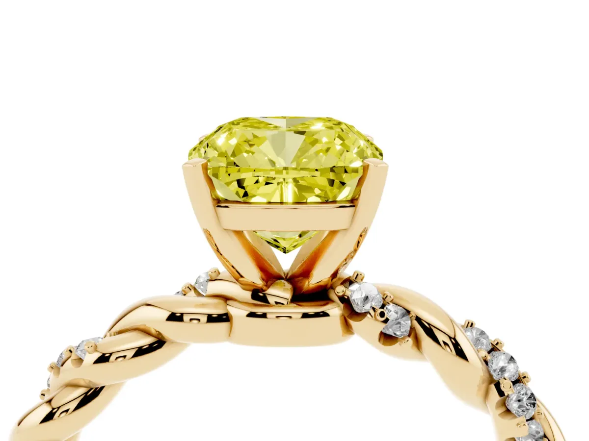 Fancy Yellow Cushion Cut Diamond Solitaire Ring with Twisted Band and Pavé Accents Yellow gold
