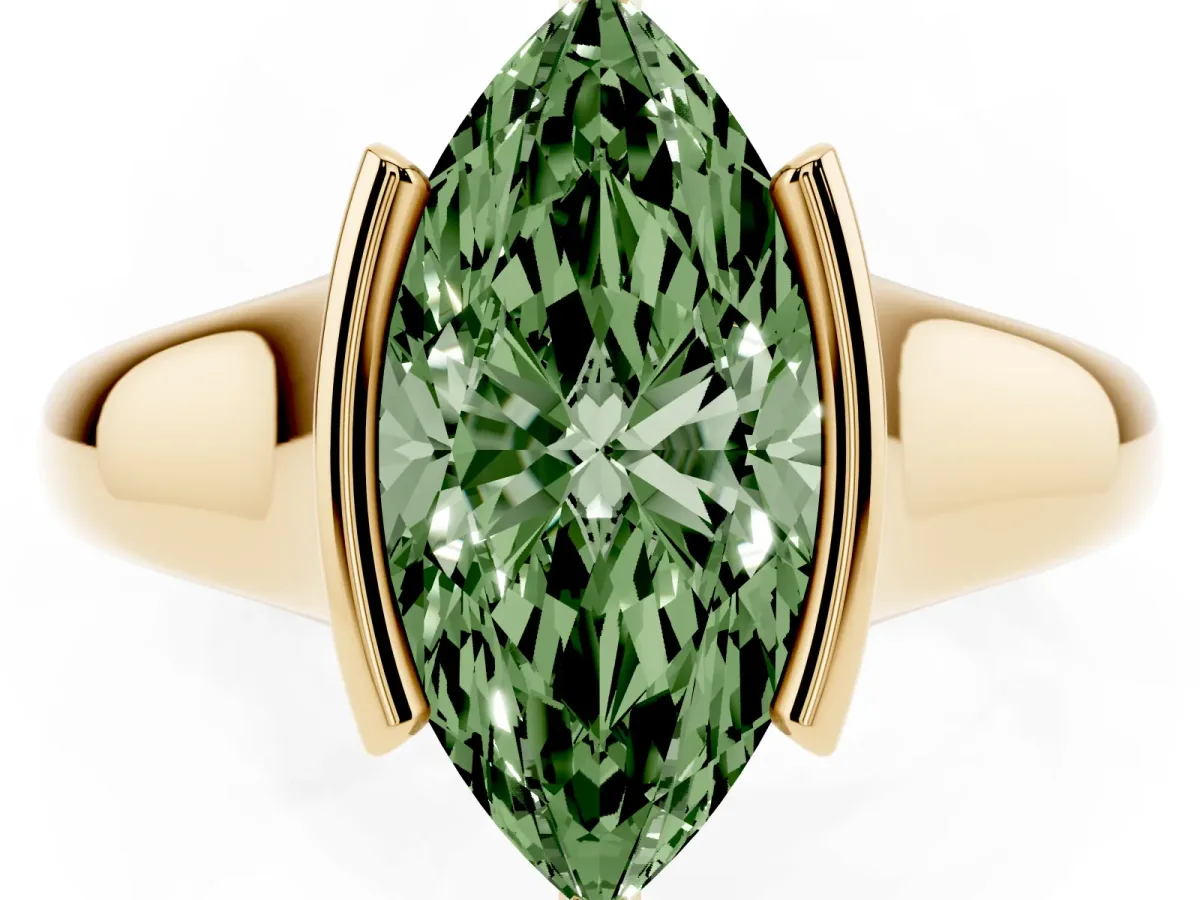 Fancy Green Marquise Cut Solitaire Tension Set Diamond Ring with Split Shank Band Yellow gold
