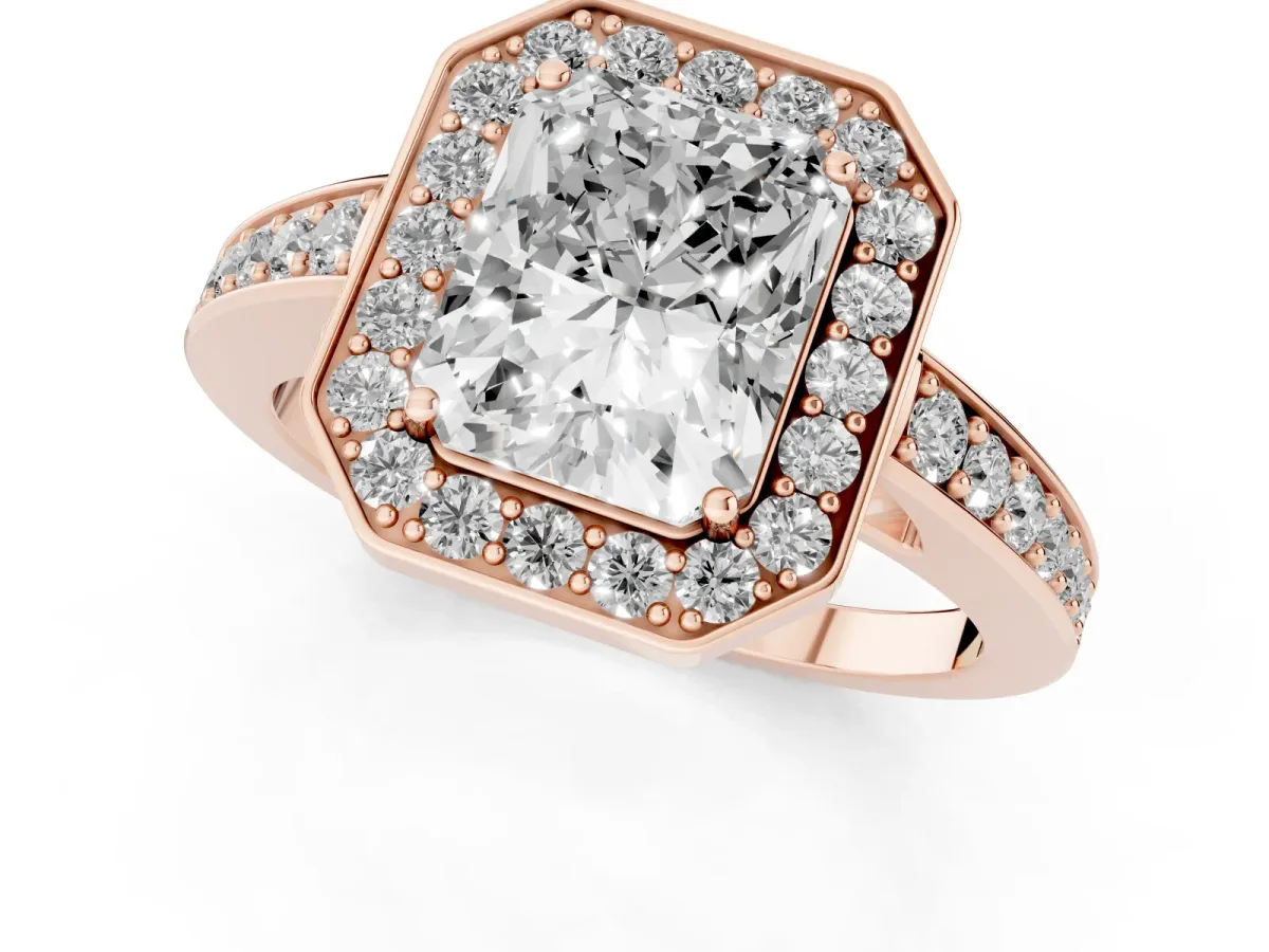 Radiant Cut Halo Pavé Diamond Engagement Ring with Bezel Setting Rose gold