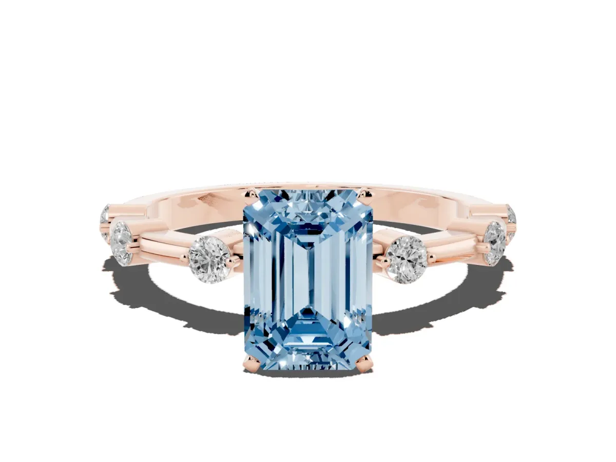 Fancy Blue Emerald Cut Solitaire Diamond Ring with Bezel Set Side Stones and Prong Setting Rose gold