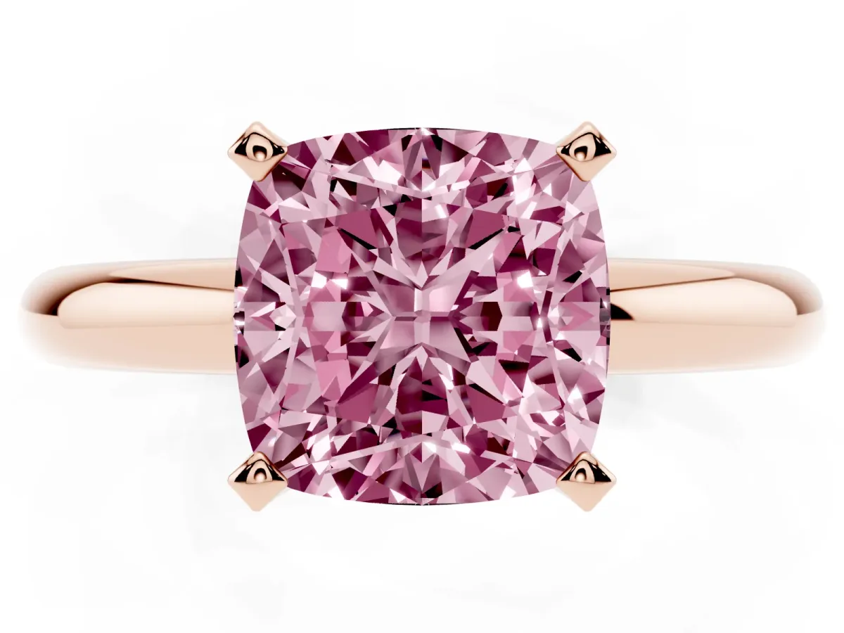 Fancy Pink Cushion Cut Diamond Solitaire Engagement Ring with Round Band and Four-Prong Setting Rose gold