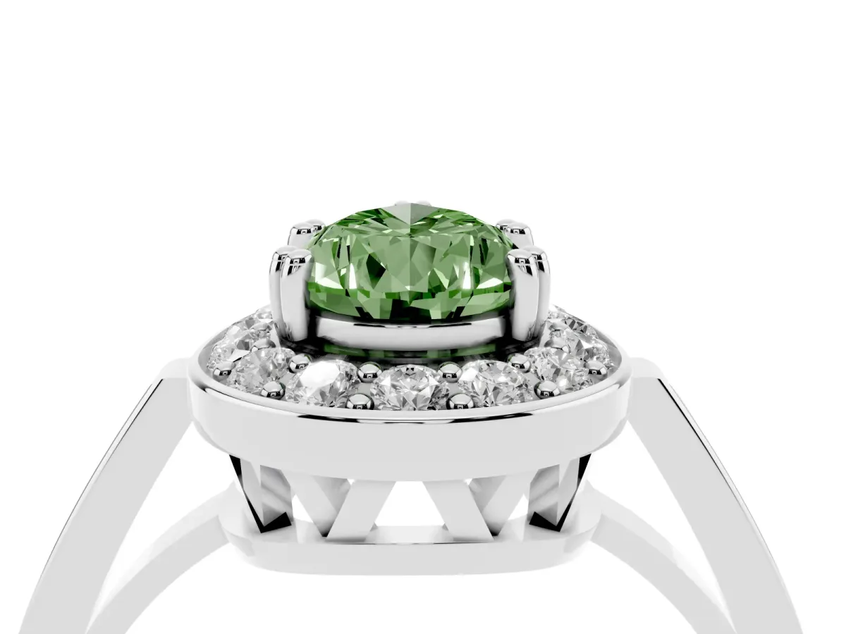Fancy Green Pear Cut Diamond Halo Ring with Split Shank and Four-Prong Setting Silver