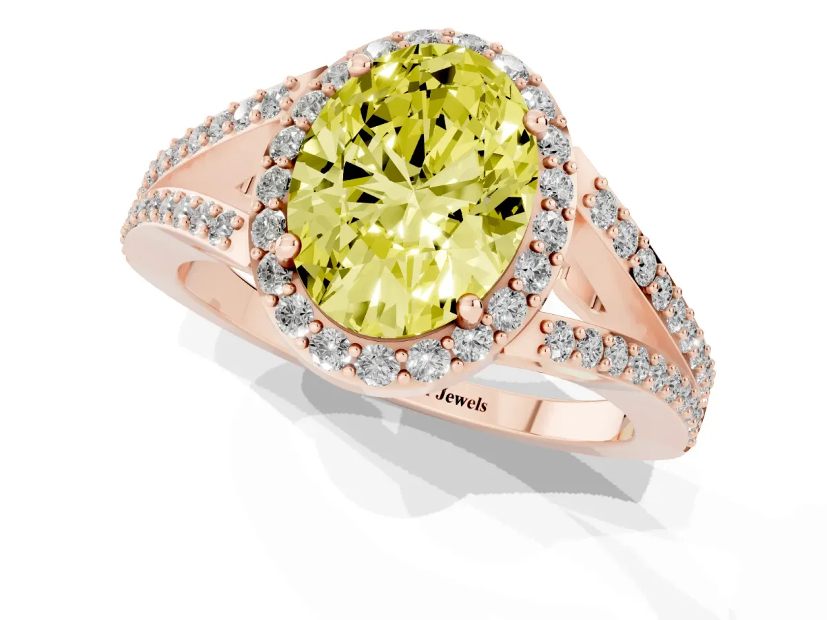 Fancy Yellow Oval Cut Halo Split Shank Pave Diamond Ring with Four-Prong Setting Rose gold