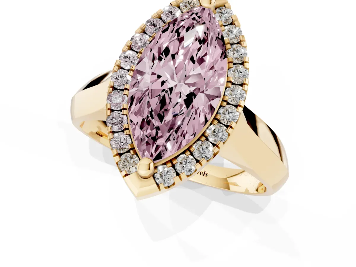 Fancy Pink Marquise Cut Cut Halo Solitaire Engagement Ring with Square Band and Four-Prong Setting Yellow gold