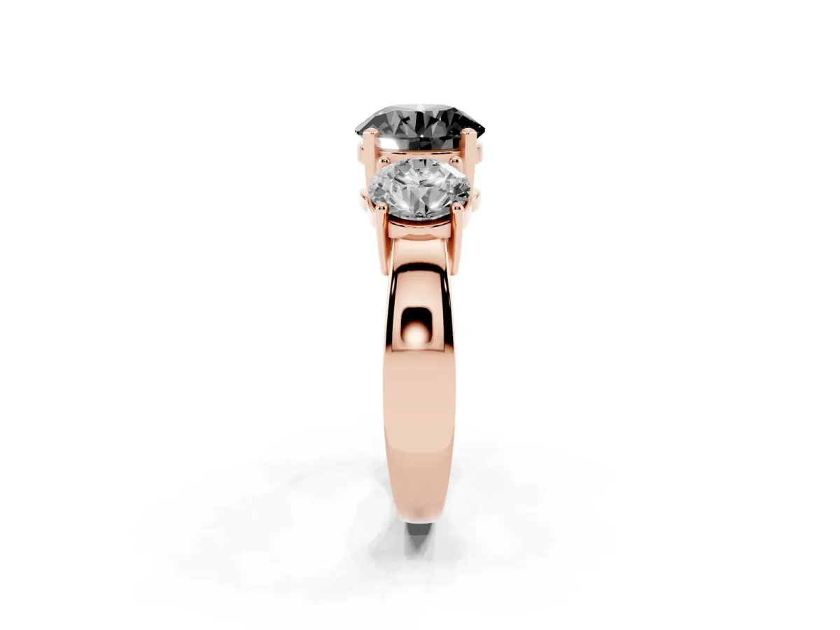 Fancy Black Three-Stone Round Cut Diamond Ring with Round Side Stones, Classic Band, and Four-Prong Setting Rose gold