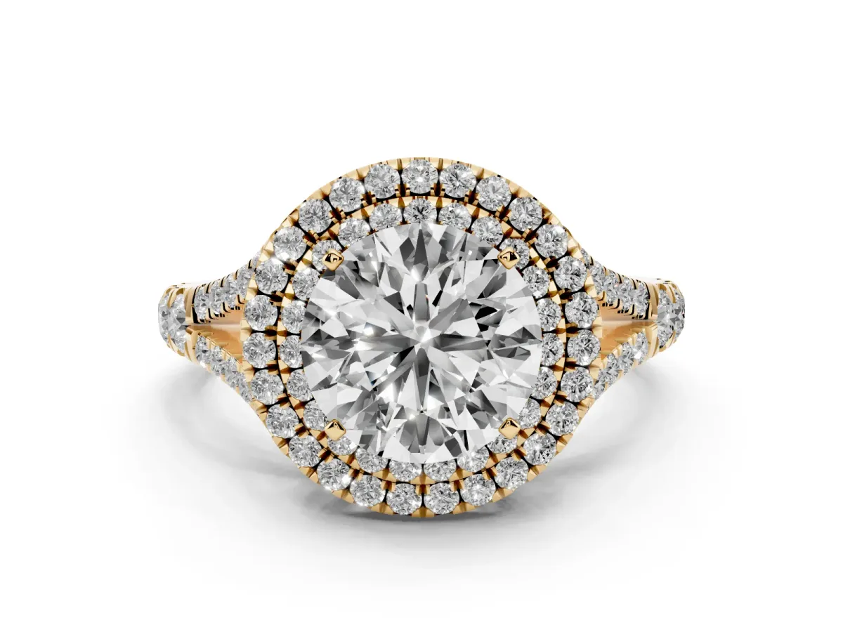 Round Cut Cut Double Halo Split Shank Diamond Ring with Prong Setting Yellow gold