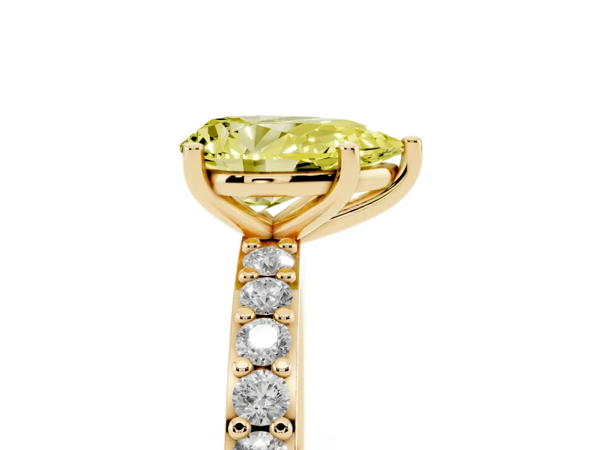 Fancy Yellow Pear Cut Cut Diamond Solitaire with Pave Band and Four-Prong Setting Yellow gold