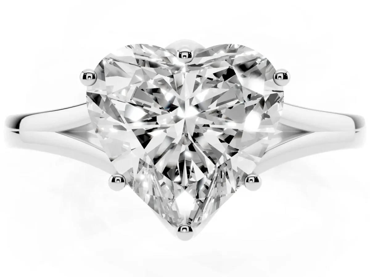 Heart Cut Solitaire Diamond Ring with Six-Prong Setting and Tapered Band Silver