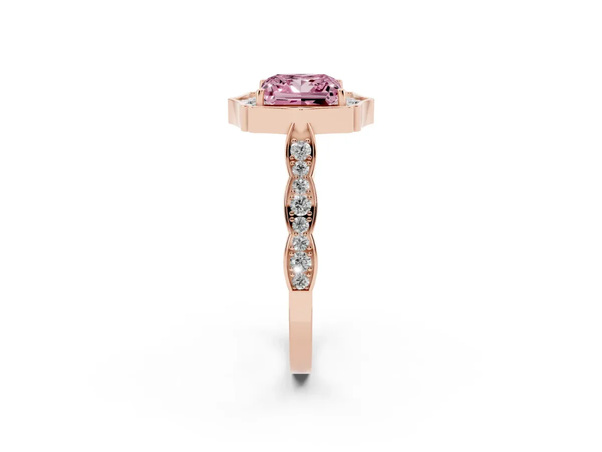 Fancy Pink Princess Cut Halo Diamond Engagement Ring with Milgrain Band and Four-Prong Setting Rose gold