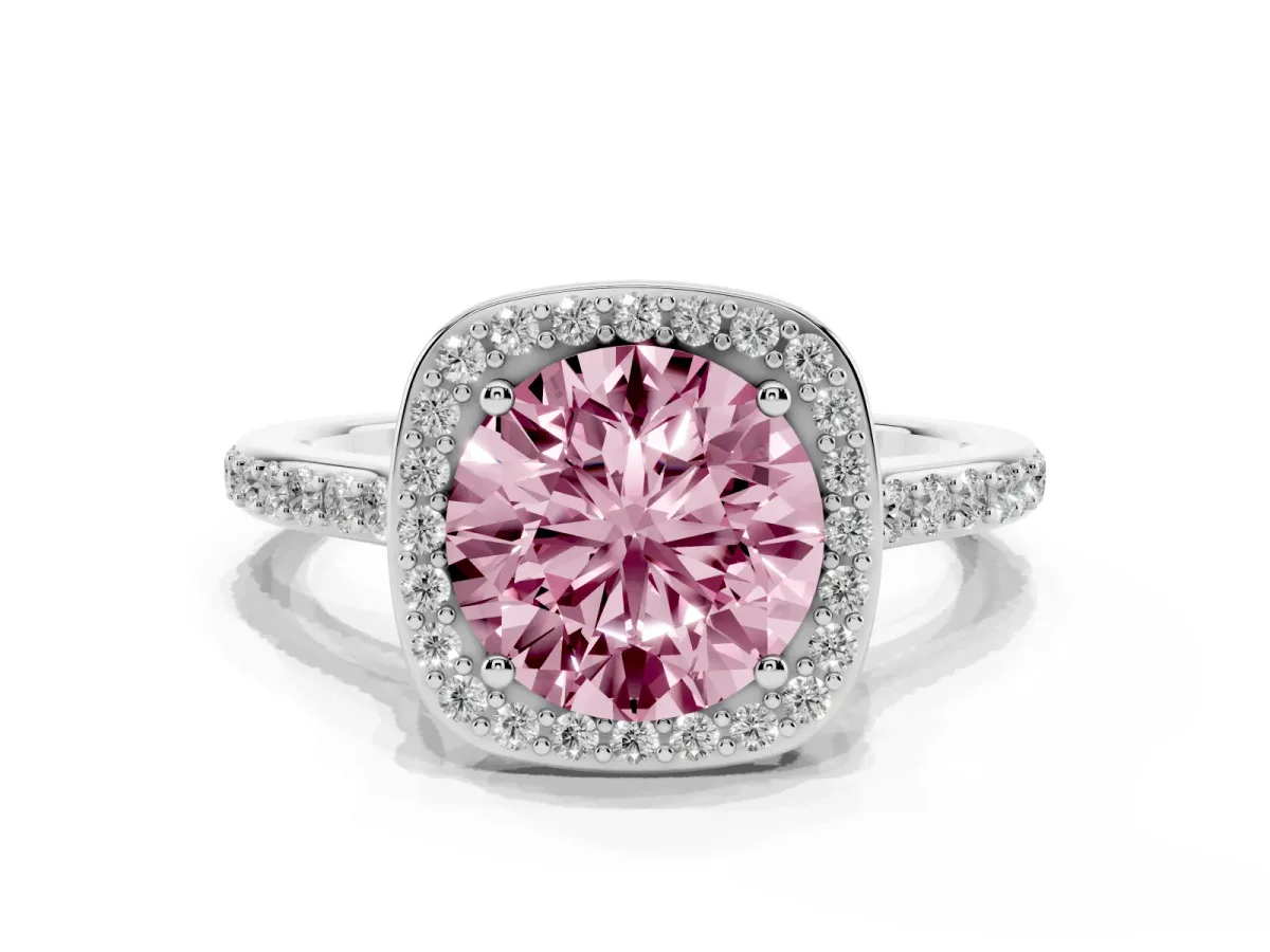 Fancy Pink Round Cut Diamond Halo Engagement Ring with Round Pavé Shoulders and Prong Setting White gold
