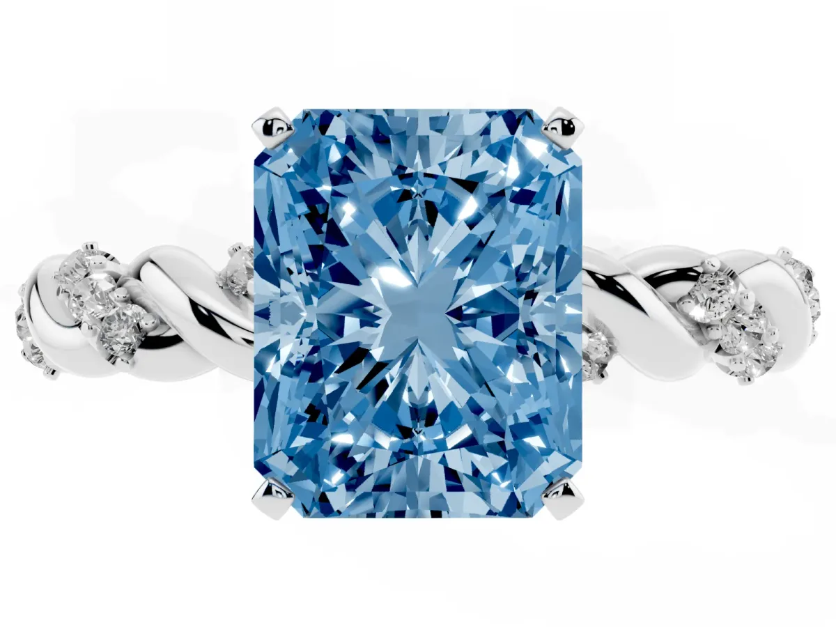 Fancy Blue Radiant Cut Diamond Solitaire Ring with Twisted Band and Pavé Accents White gold