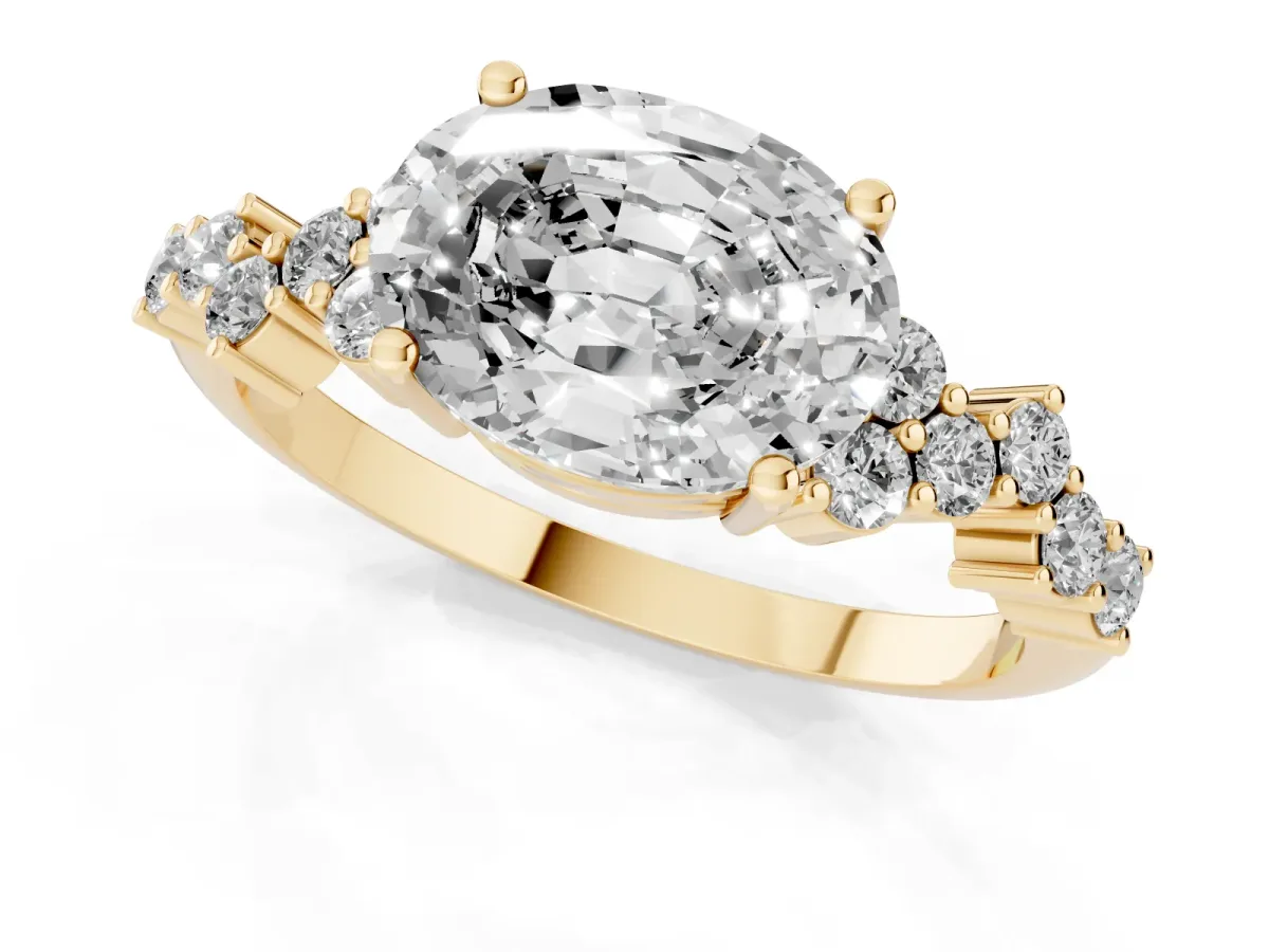 Oval Cut Diamond Scattered Round Accent Ring with Prong Setting Yellow gold