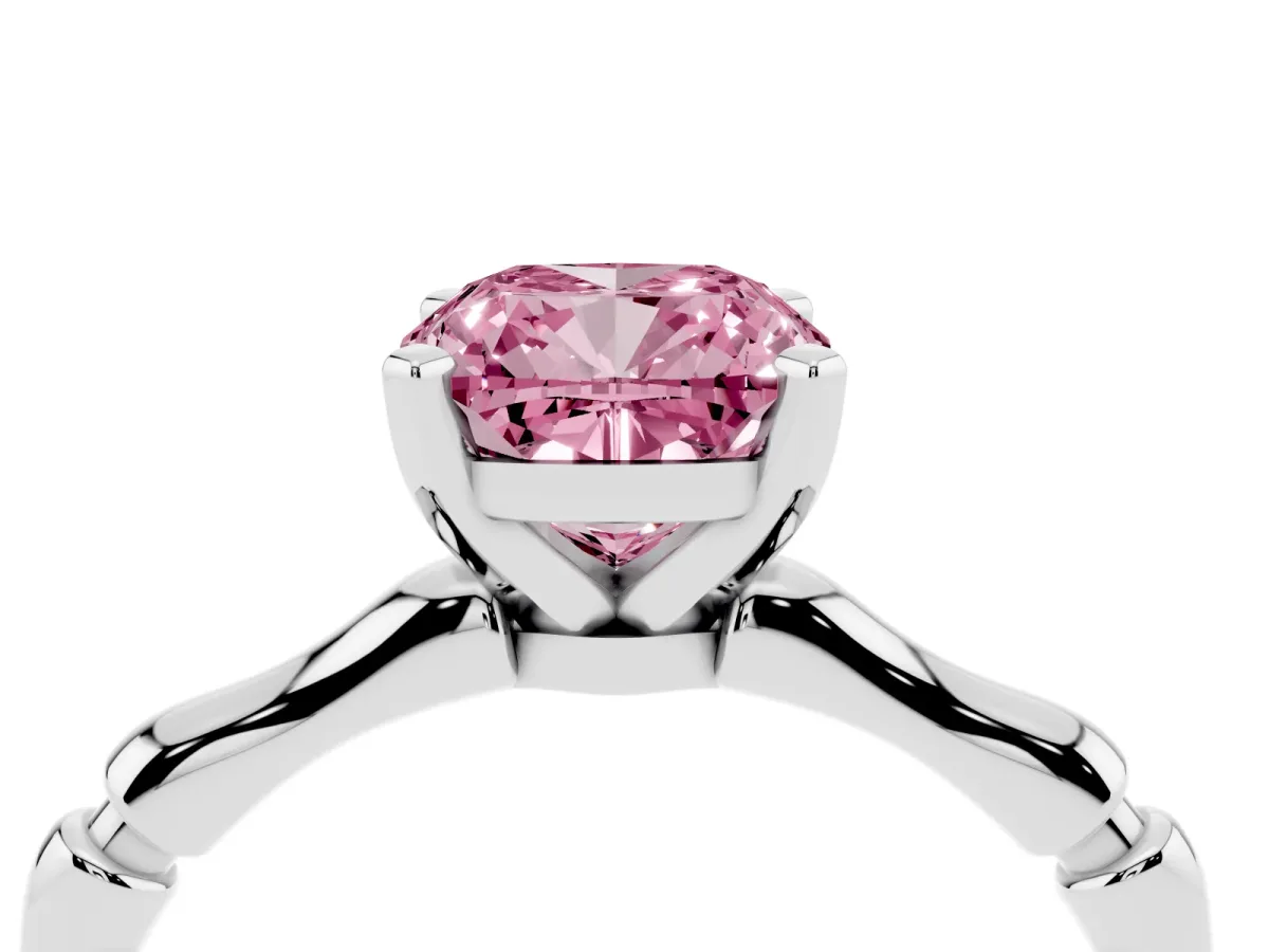 Fancy Pink Cushion Cut Solitaire Diamond Ring with Bamboo Band and Four-Prong Setting Silver