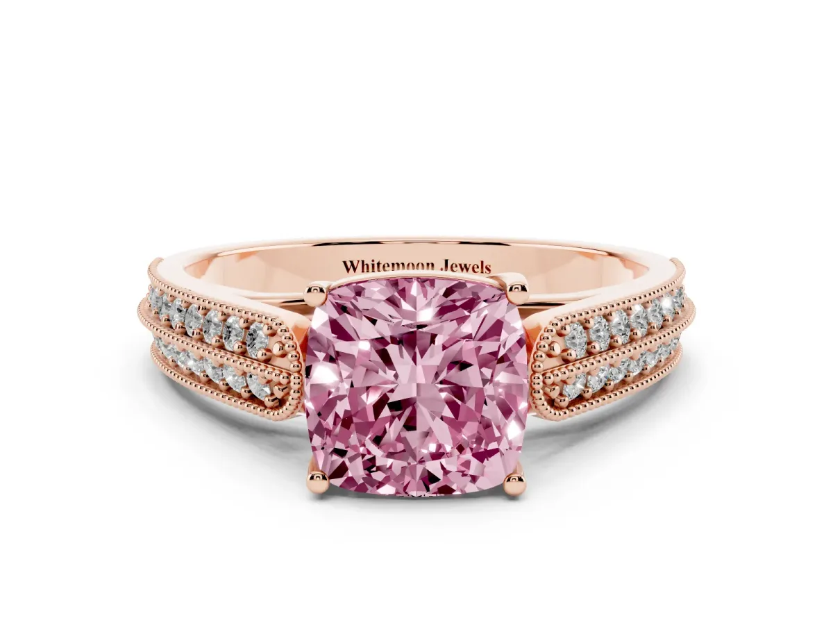 Fancy Pink Cushion Cut Cut Pave Split Shank Engagement Ring with Four-Prong Setting Rose gold