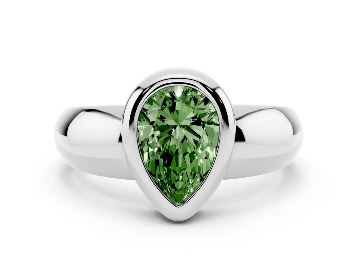 Fancy Green Bezel Set Pear Cut Solitaire Ring with Wide Band Silver
