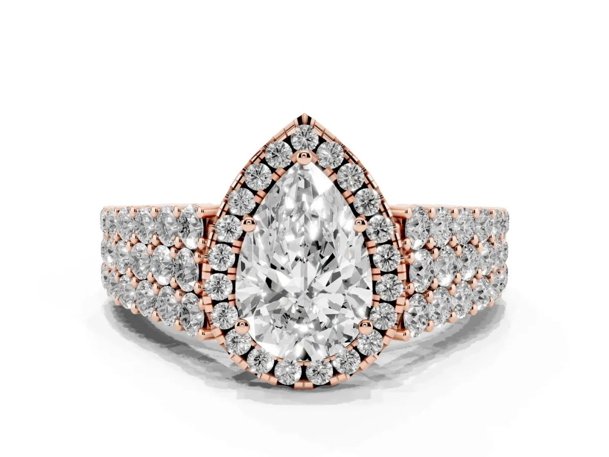Pear Cut Diamond Halo Engagement Ring with Triple Row Round Pavé Band and Prong Setting Rose gold