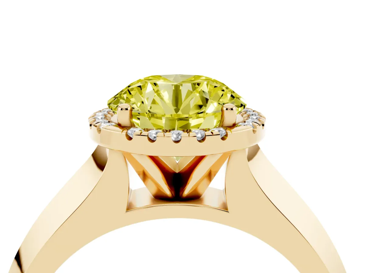 Fancy Yellow Round Cut Halo Diamond Ring with Cathedral Band and Four-Prong Setting Yellow gold