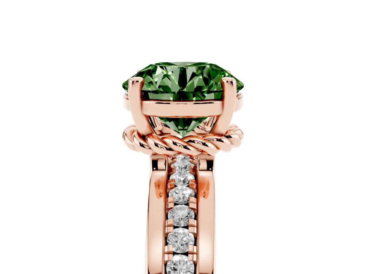 Fancy Green Round Cut Solitaire Diamond Ring with Channel Set Band and Six-Prong Setting Rose gold