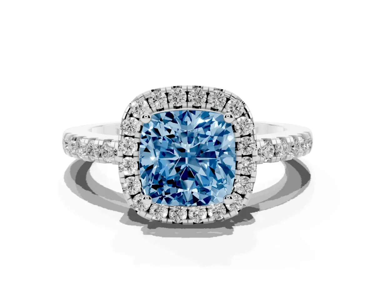 Fancy Blue Cushion Cut Halo Diamond Engagement Ring with Pavé Band and Four-Prong Setting Platinum