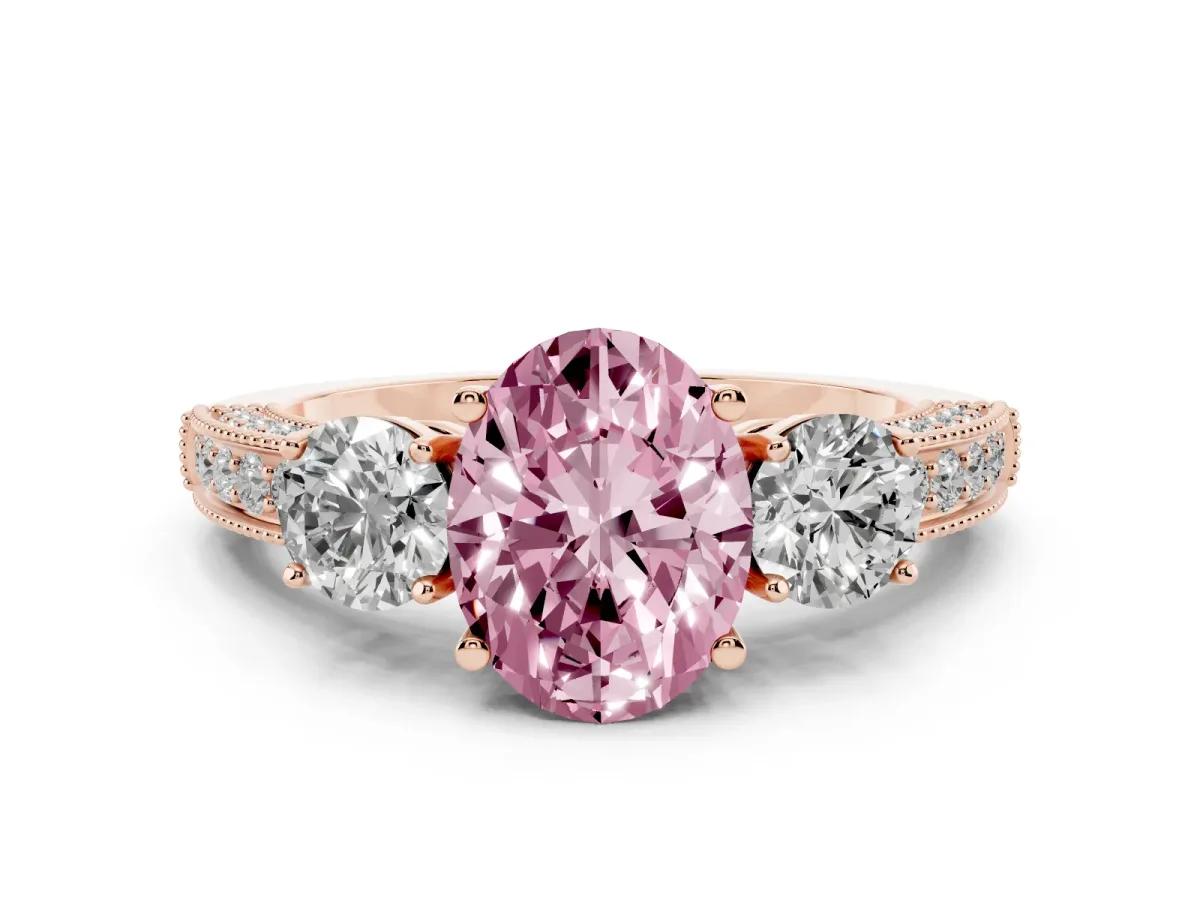 Fancy Pink Oval Cut Three-Stone Diamond Ring with Pavé Band and Four-Prong Setting Rose gold