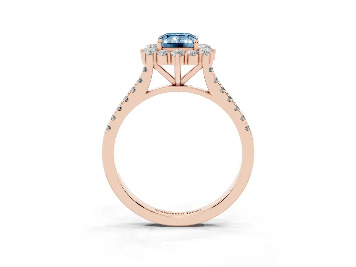 Fancy Blue Emerald Cut Halo Diamond Ring with Pavé Band and Prong Setting Rose gold