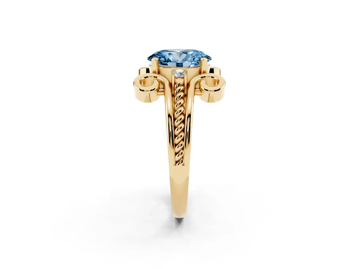 Fancy Blue Oval Cut Solitaire Twisted Band Scroll Prong Ring Yellow gold