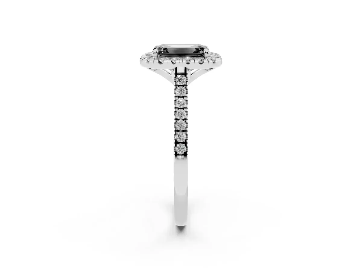 Fancy Black Emerald Cut Diamond Cushion Halo Ring with Pavé Band Silver