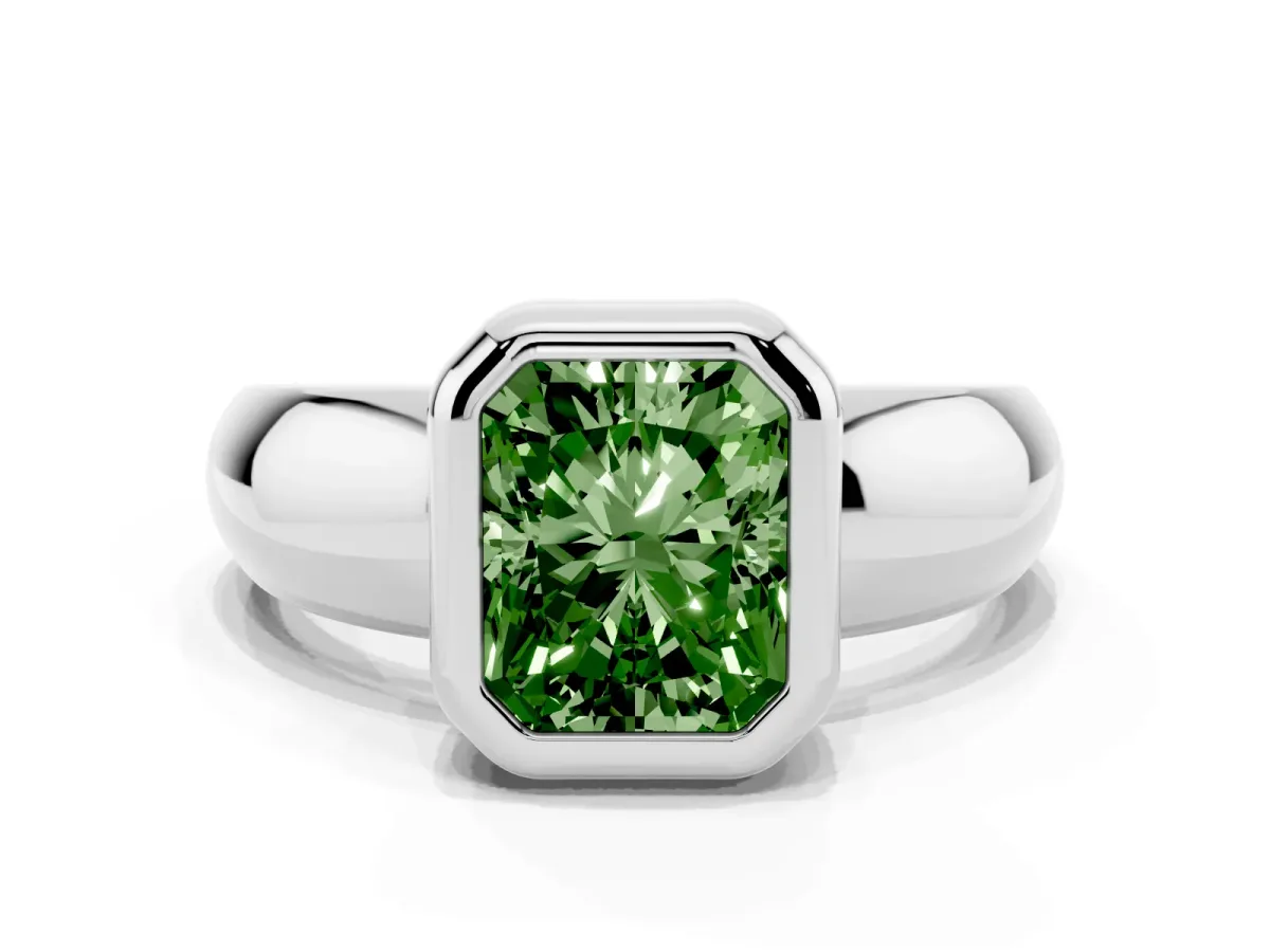 Fancy Green Bezel Set Radiant Cut Solitaire Ring with Wide Band Silver