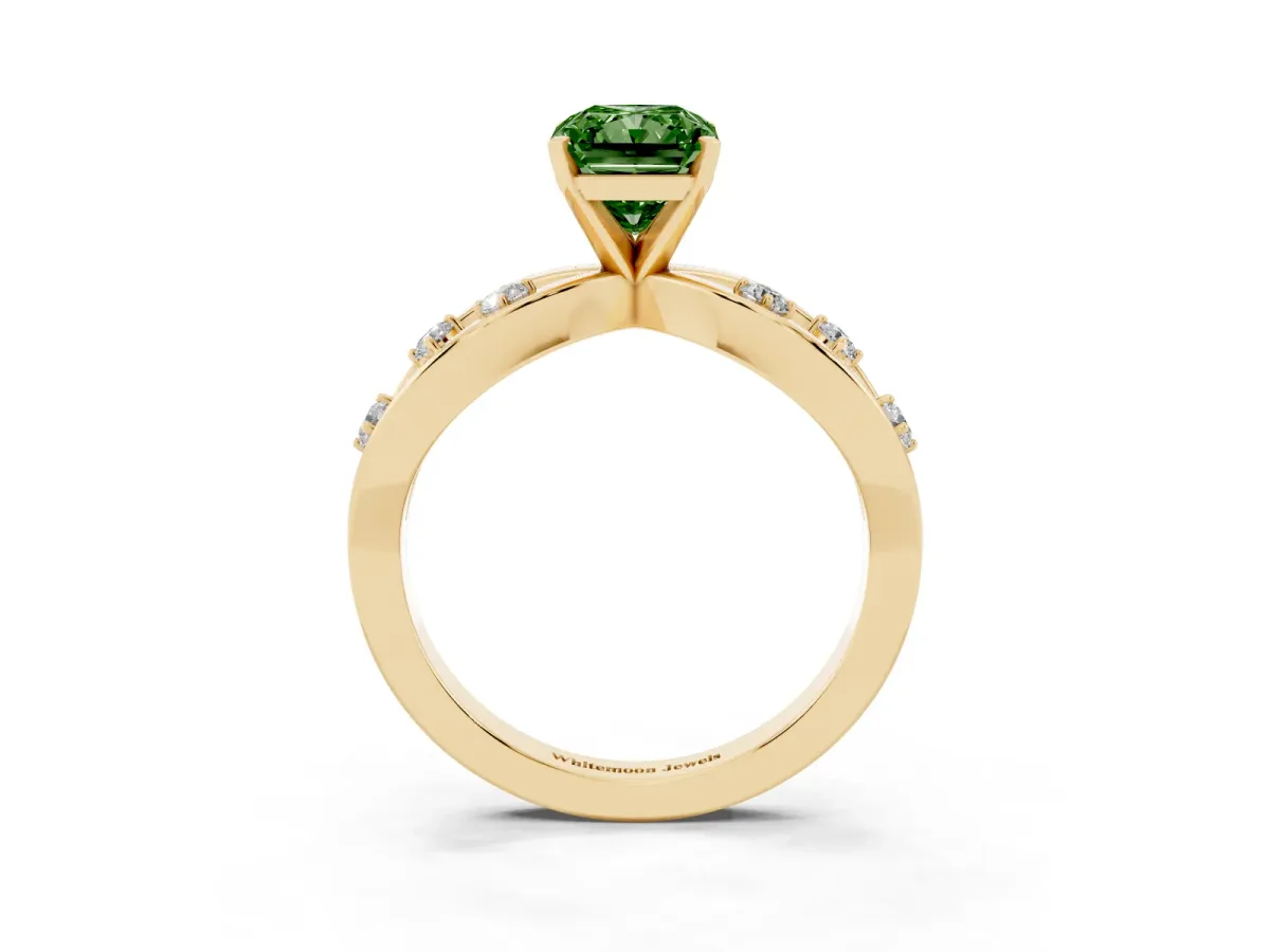 Fancy Green Radiant Cut Cut Solitaire Diamond with Side Stones on Criss-Cross Band and Four-Prong Setting Yellow gold