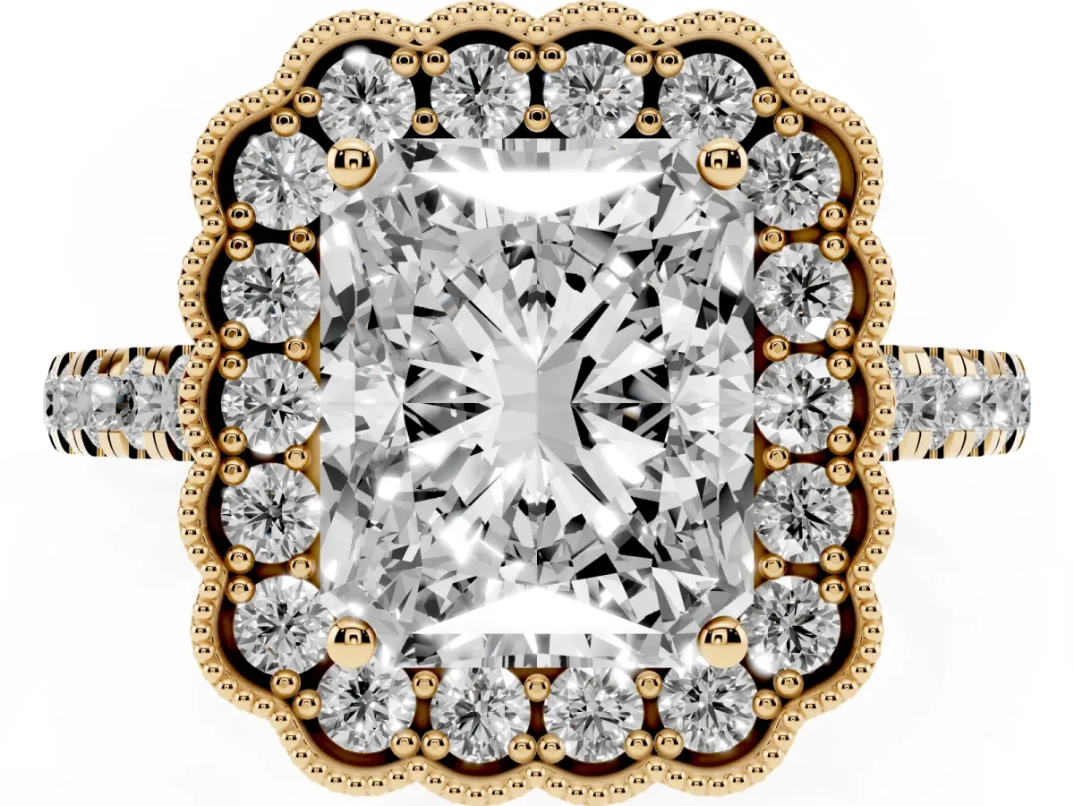 Radiant Cut Cut Diamond Milgrain Floral Halo Engagement Ring with Pavé Band Yellow gold