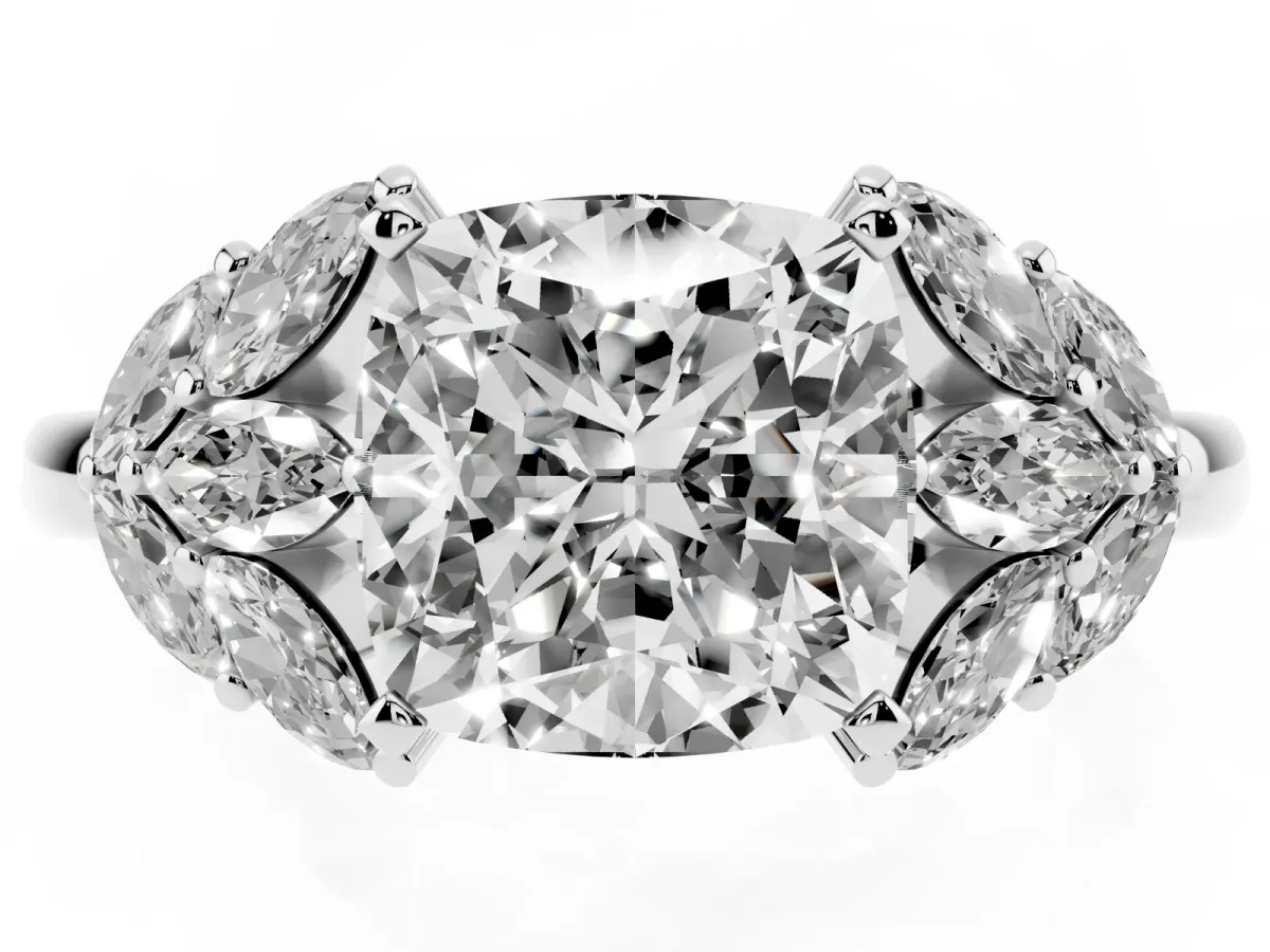 Cushion Cut Diamond Cluster Leaf Design Ring with Prong Setting Silver