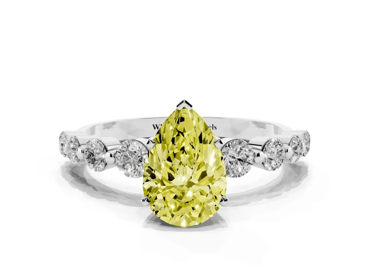 Fancy Yellow Pear Cut Solitaire Diamond Ring with Pave Band and Four-Prong Setting Silver