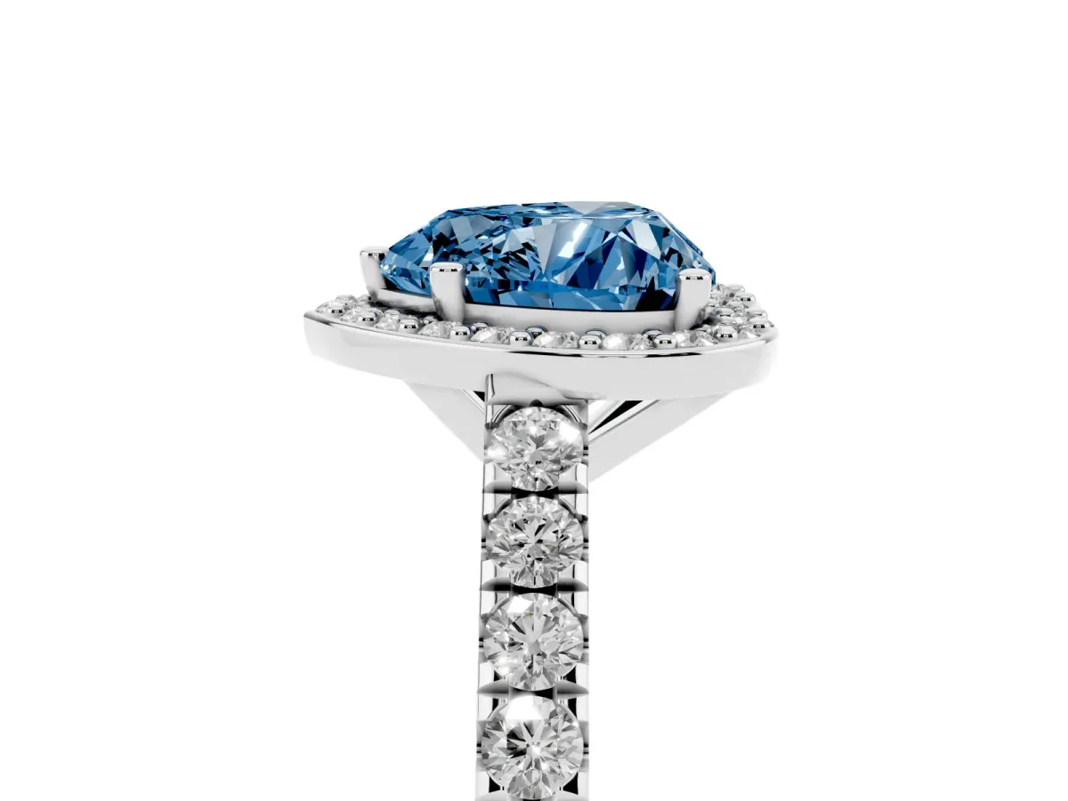 Fancy Blue Heart Cut Cut Halo Diamond Engagement Ring with Pave Band and Four-Prong Setting Silver
