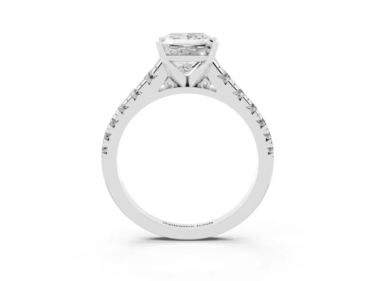 Princess Cut Diamond Cathedral Solitaire Ring with Round Pavé Band Platinum