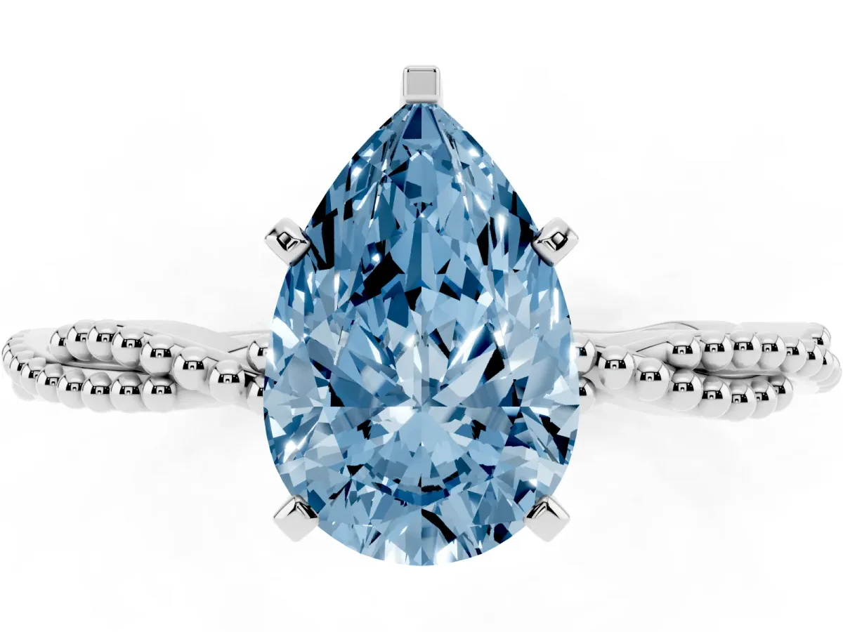 Fancy Blue Pear Cut Solitaire Twisted Band with Bead Prong Setting Platinum