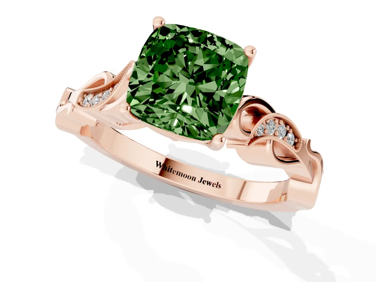 Fancy Green Cushion Cut Solitaire Vine Band with Milgrain Prong Setting Rose gold