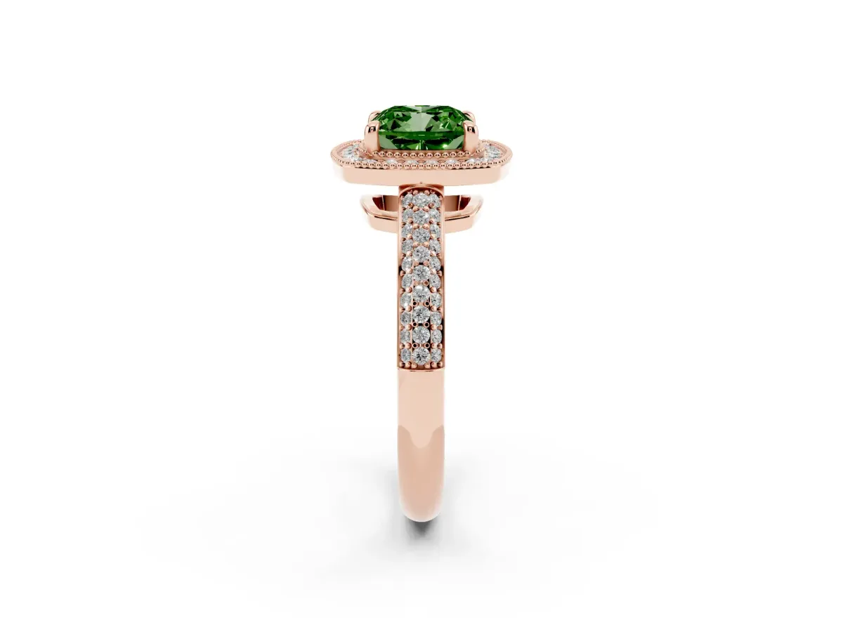 Fancy Green Cushion Cut Cut Halo Diamond Pave Band with Four-Prong Setting Rose gold