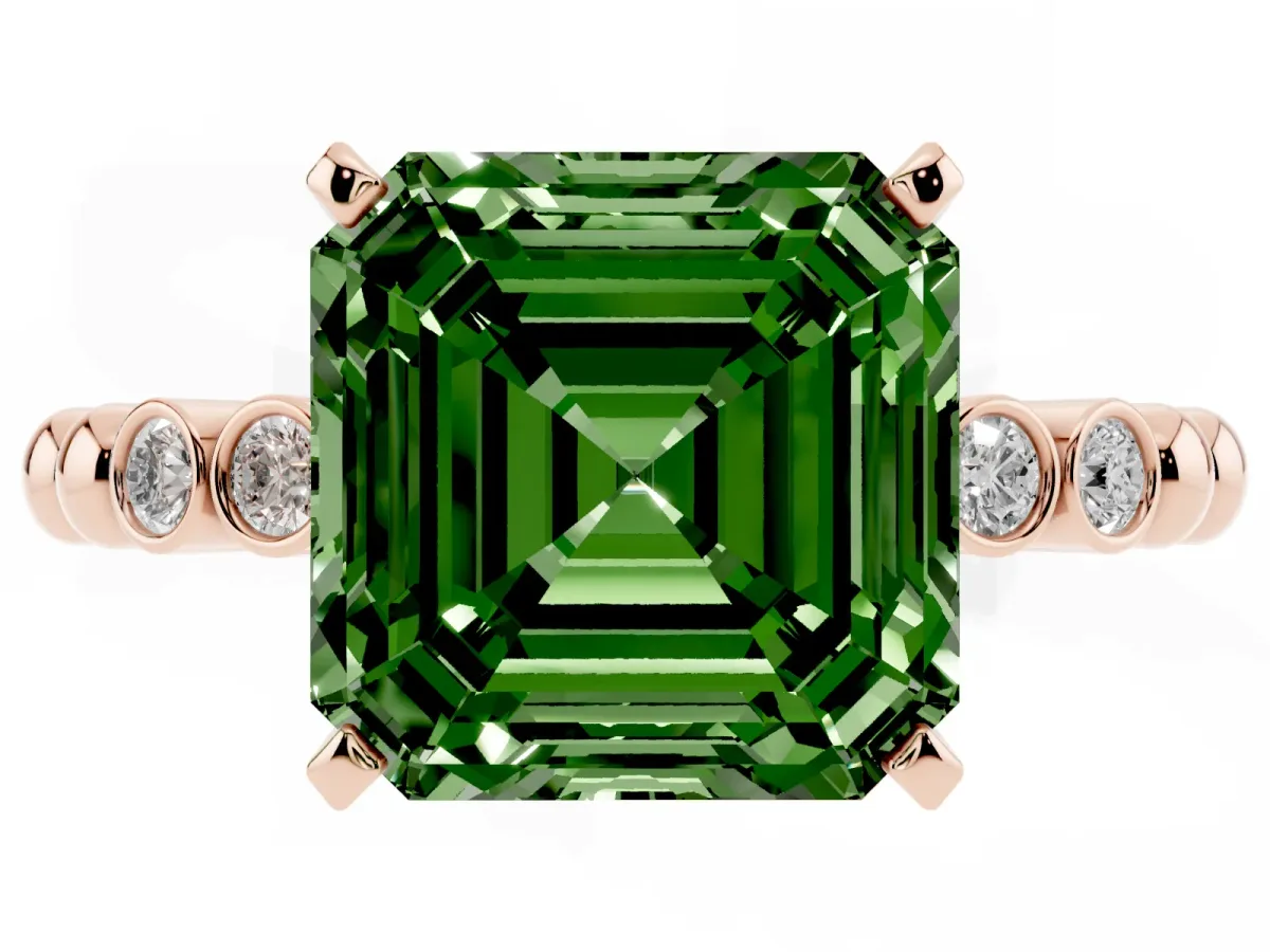 Fancy Green Asscher Cut Solitaire Bezel Accent Diamond Engagement Ring with Beaded Band and Four-Prong Setting Rose gold
