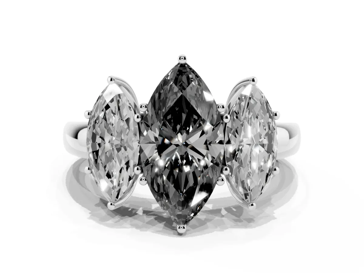 Fancy Black Marquise Cut Diamond Three-Stone Ring with Four-Prong Setting and Classic Band Silver