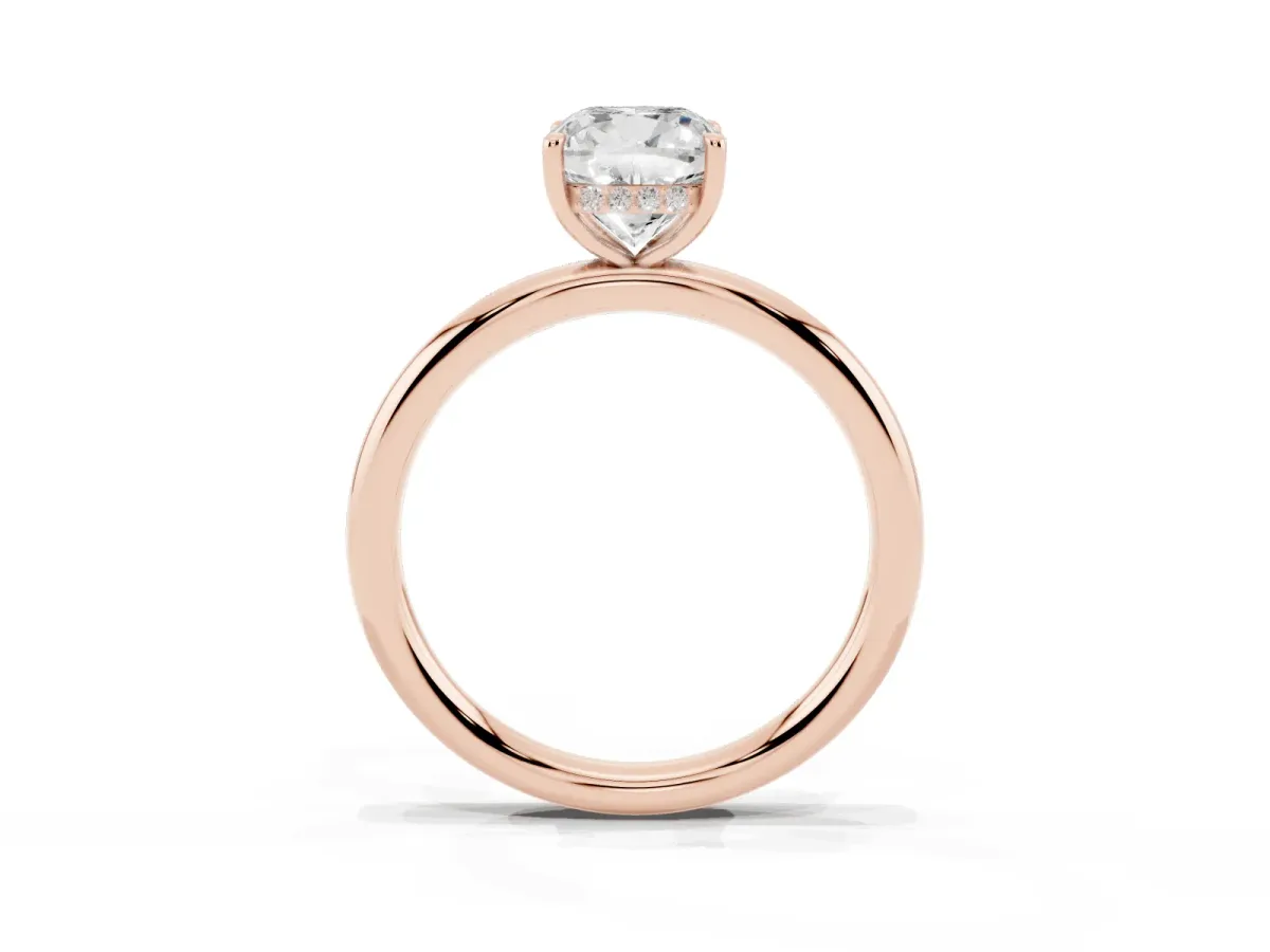 Cushion Cut Diamond Solitaire Ring with Thin Band and Four-Prong Setting Rose gold