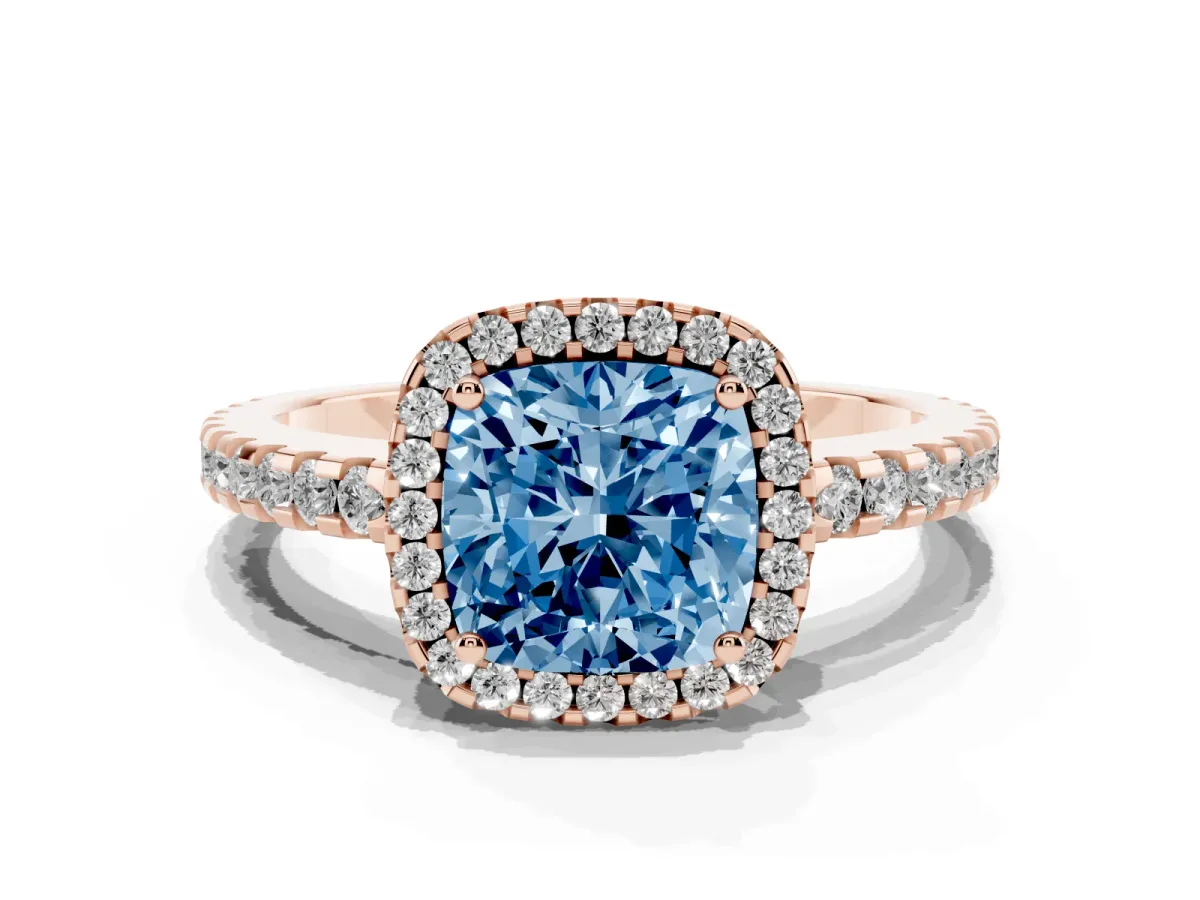 Fancy Blue Cushion Cut Diamond Halo Engagement Ring with Pavé Band and Prong Setting Rose gold