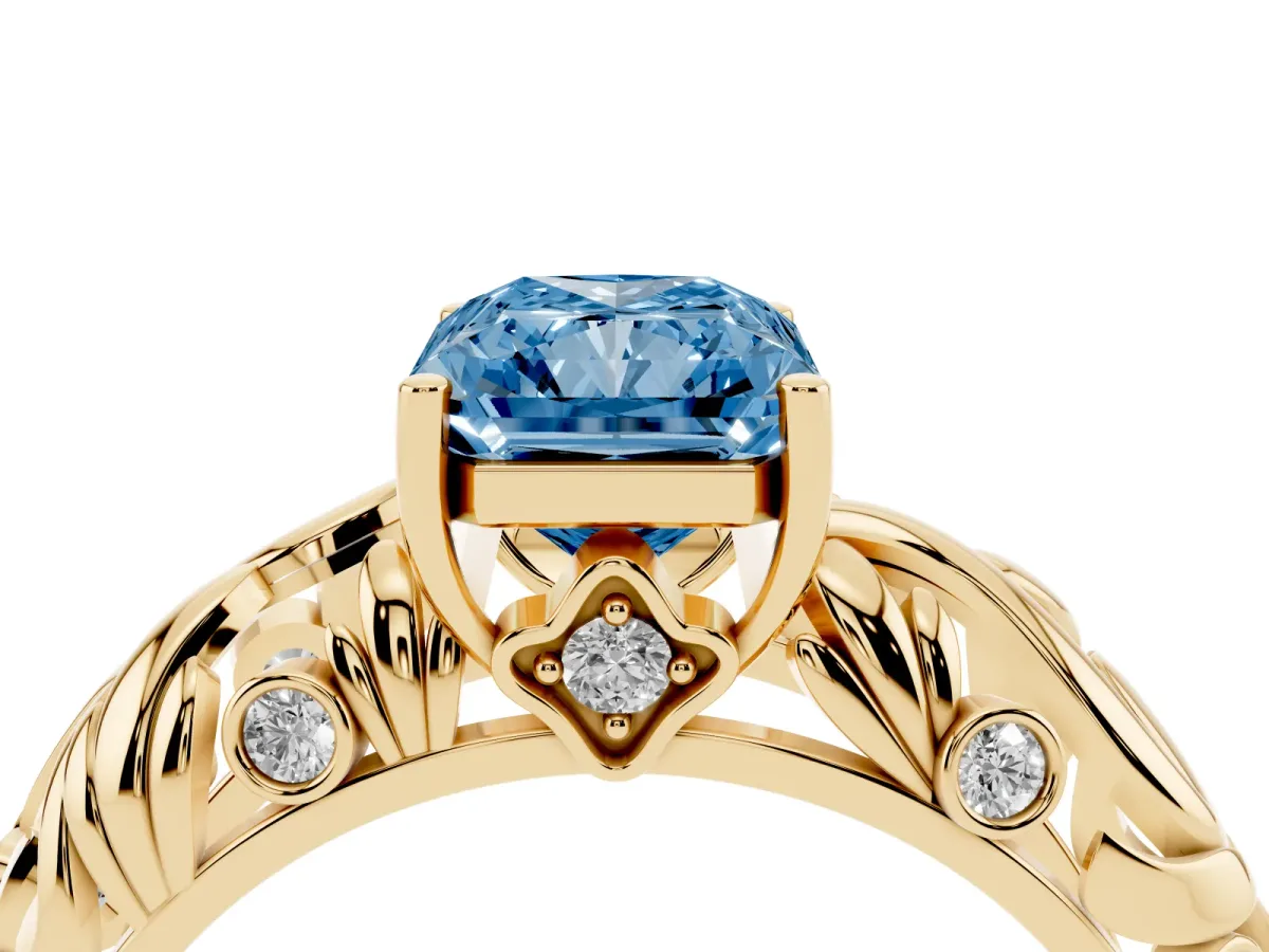 Fancy Blue Radiant Cut Solitaire Diamond Leaf-Inspired Vine Band Ring with Prong Setting Yellow gold