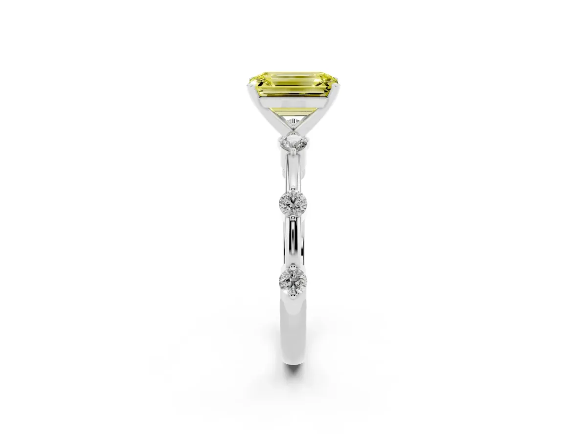 Fancy Yellow Emerald Cut Solitaire Diamond Ring with Bezel Set Side Stones and Prong Setting Silver